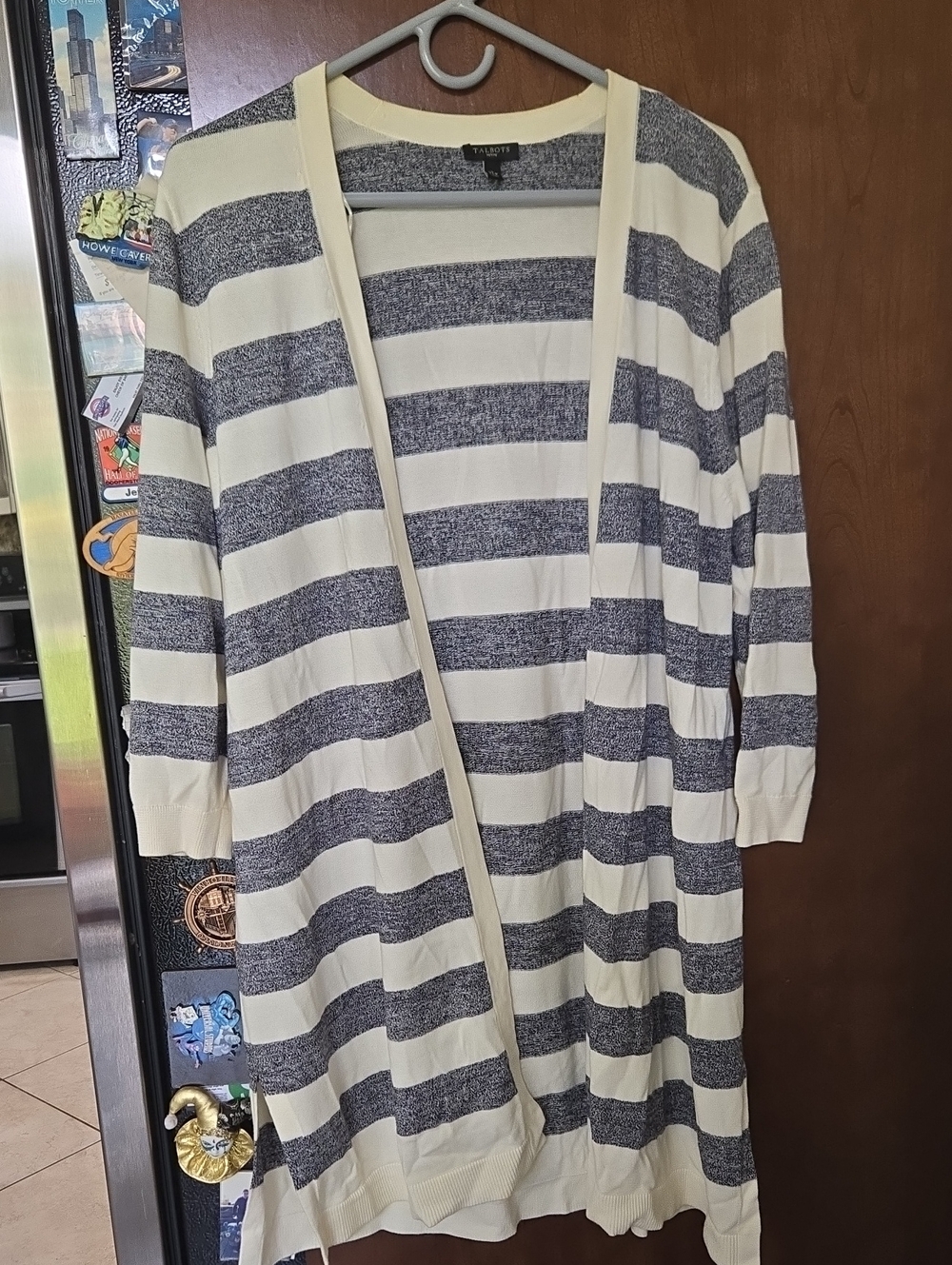 Talbots Navy and Cream Striped Open-Front Cardigan